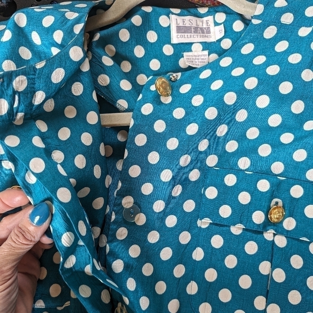 Vintage 80s Leslie Fay Teal White Polka Dot Midi Dress Drawstring 12 - Picture 7 of 12